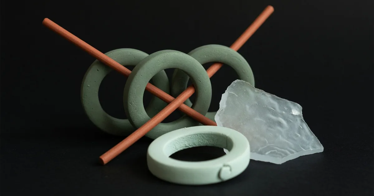 Matte clay rings and terracotta rods overlapping on black, suggesting shared time zones